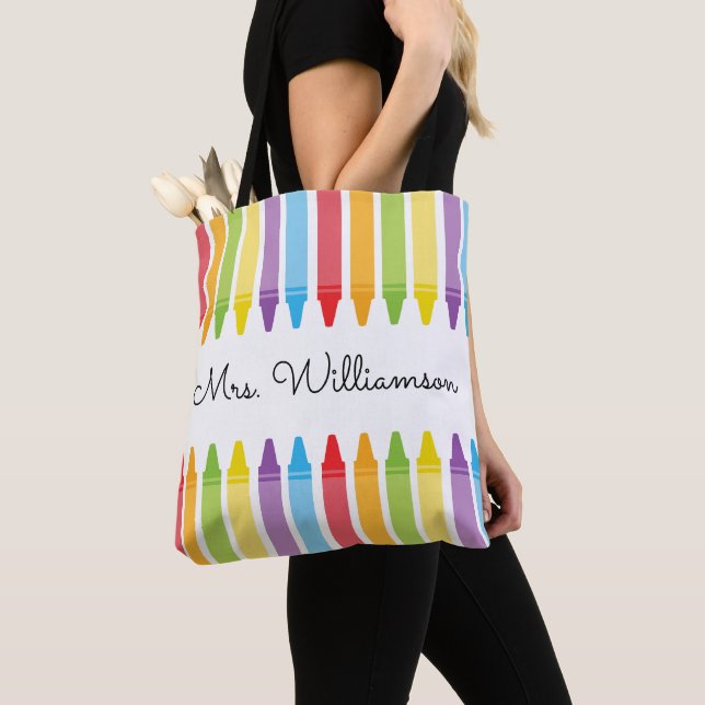 Personalized Rainbow Crayons Teacher Appreciation Tote Bag (Close Up)