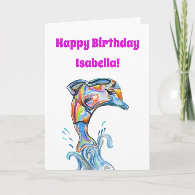Personalized Rainbow Dolphin Happy Birthday Card (Front)