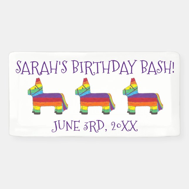 Personalized Rainbow Donkey Piñata Birthday Party Banner (Horizontal)
