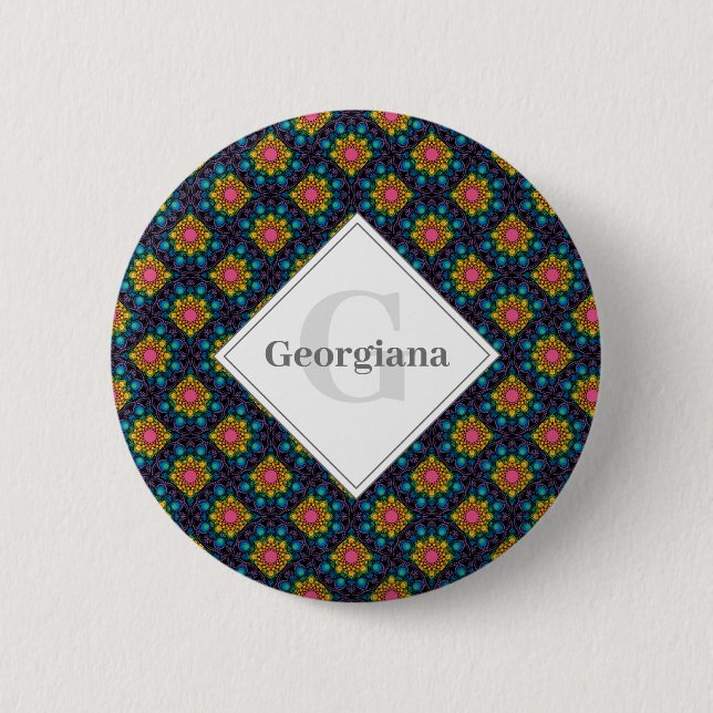 Personalized Rainbow Floral Fountain Art Deco Fans Button (Front)