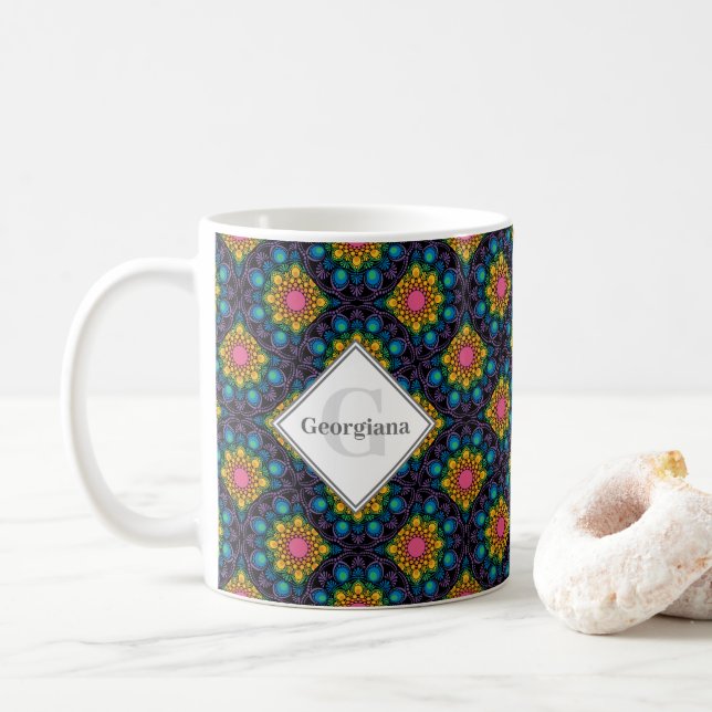 Personalized Rainbow Floral Fountain Art Deco Fans Coffee Mug (With Donut)