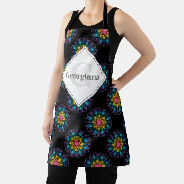 Personalized Rainbow Floral Polka Dot Mandala Apron (Insitu)