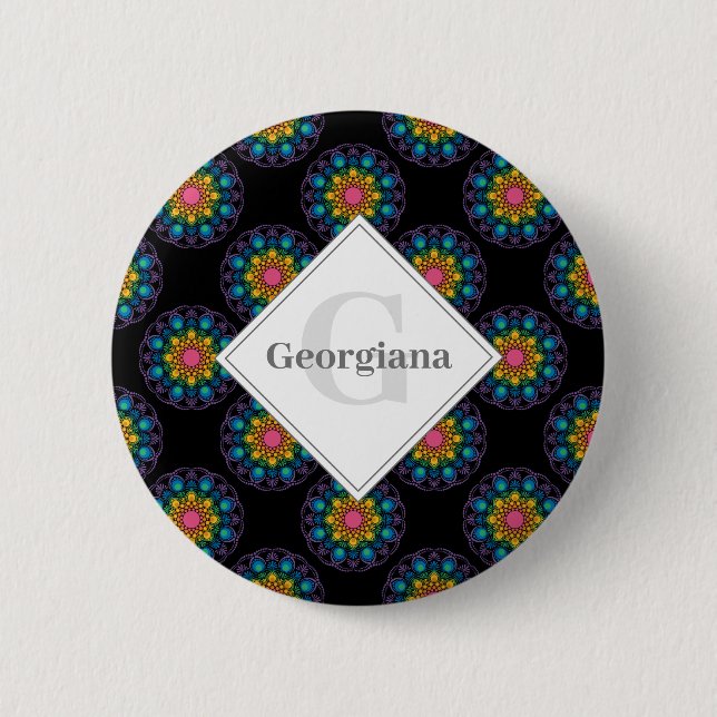 Personalized Rainbow Floral Polka Dot Mandala Button (Front)