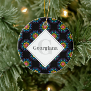 Personalized Rainbow Floral Polka Dot Mandala Ceramic Ornament