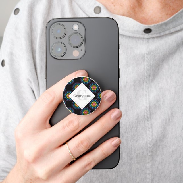 Personalized Rainbow Floral Polka Dot Mandala PopSocket (Hand)