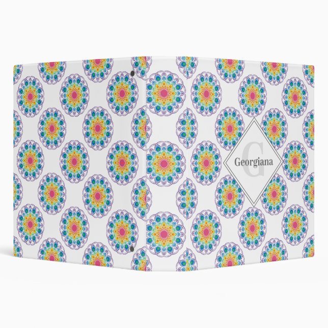 Personalized Rainbow Floral Polka Dots Mandala 3 Ring Binder (Background)