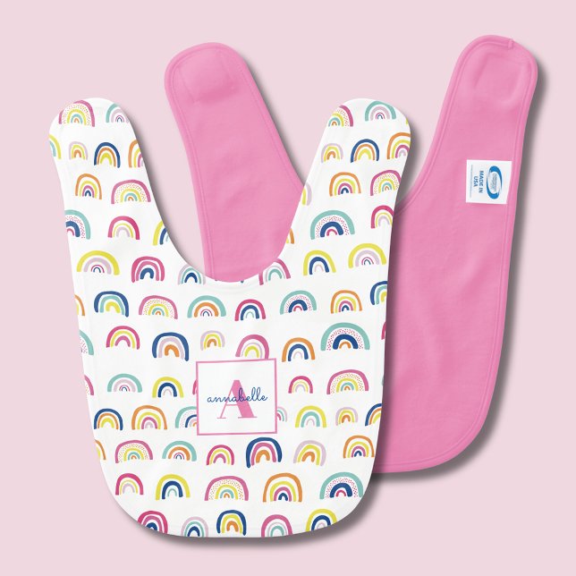 Personalized Rainbow Girls Baby Bib (Colorful rainbow baby bib with monogram and first name.  Matching baby gift range available.)