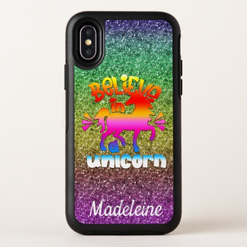 Personalized Rainbow Glitter Believe in Unicorns OtterBox Symmetry iPhone XS Case