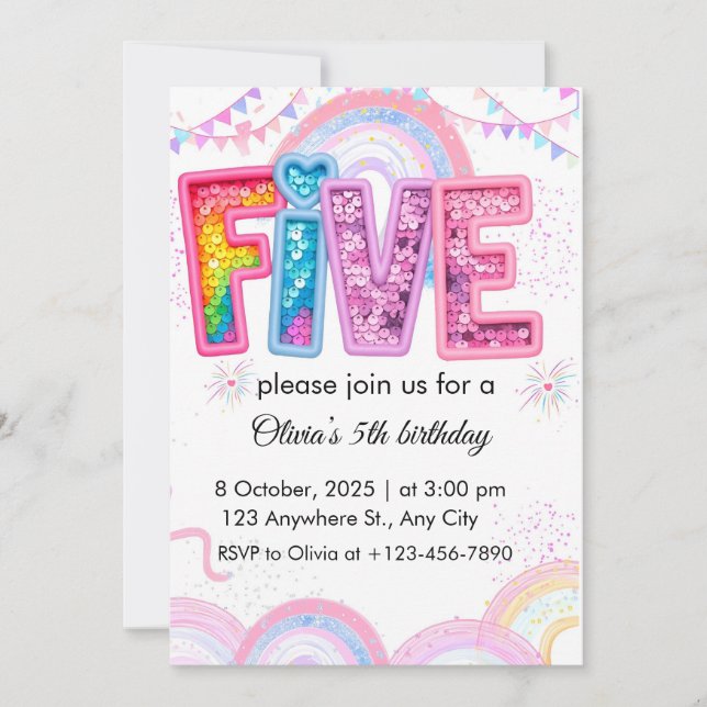  Personalized Rainbow Glitter Birthday Invitation (Front)