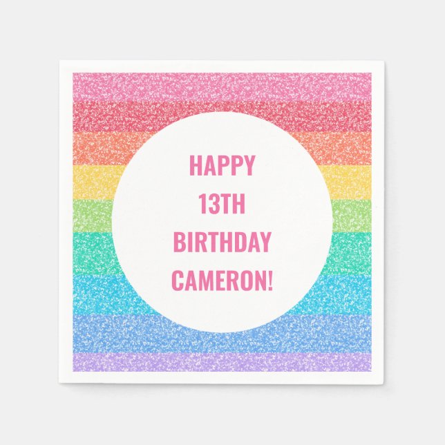 Personalized Rainbow Glitter Birthday Party Napkins (Front)
