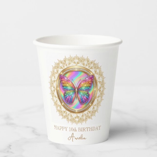 Personalized Rainbow Glitter Butterfly Lace Party Paper Cups (Front)