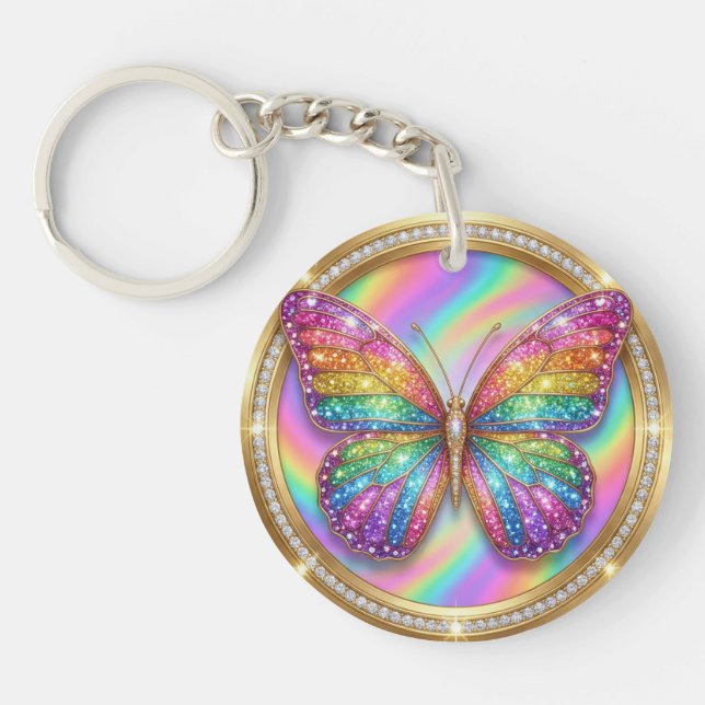 Personalized Rainbow Glitter Butterfly Name  Keychain (Front)