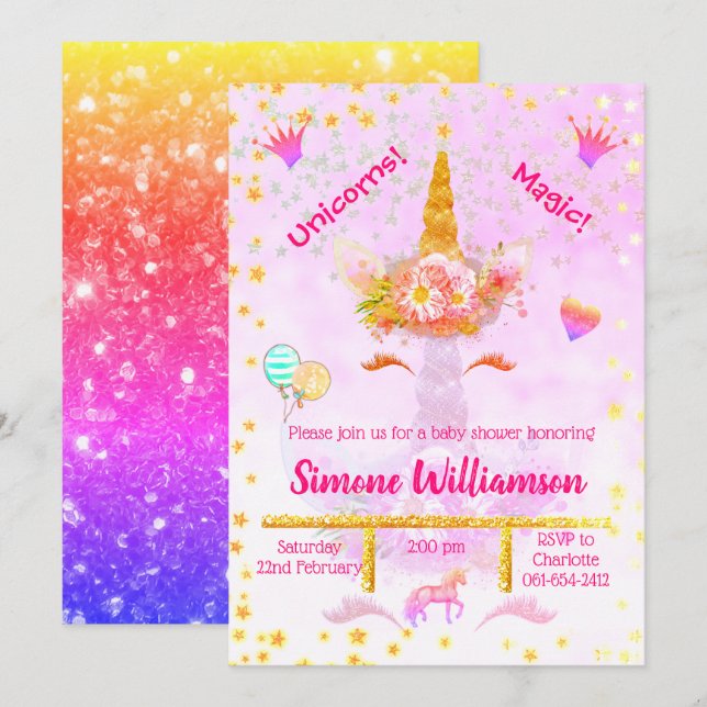 Personalized Rainbow Glitter Golden Unicorn Invitation (Front/Back)