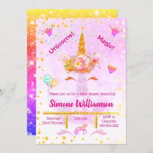 Personalized Rainbow Glitter Golden Unicorn Invitation