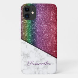 Personalized Rainbow Glitter - White Marble iPhone 11 Case