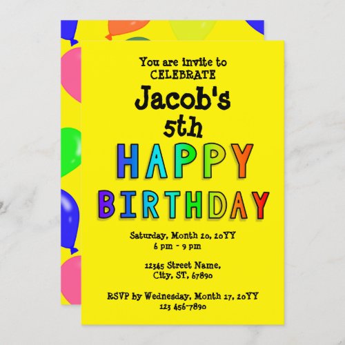 Personalized Rainbow Happy 5th Birthday Lettering Invitation