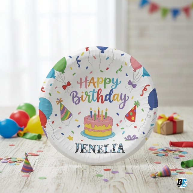 Personalized Rainbow Happy Birthday Cake Balloons Paper Bowls (Creator Uploaded)