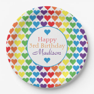 Personalized Rainbow Hearts Birthday Paper Plates