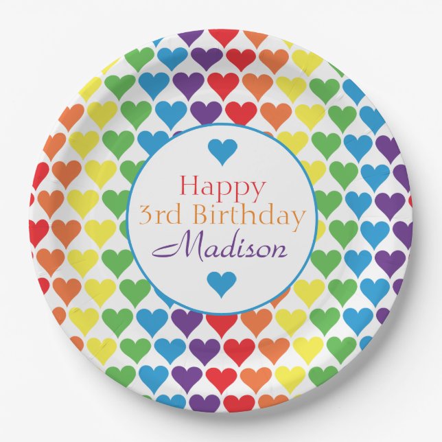 Personalized Rainbow Hearts Birthday Paper Plates (Front)