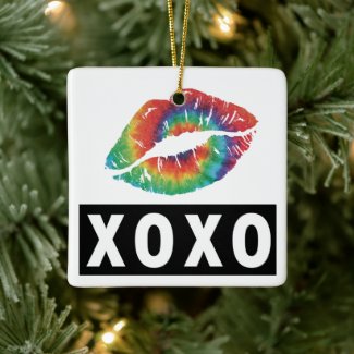 Personalized Rainbow Lipstick Kiss XOXO Christmas Ceramic Ornament