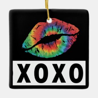 Personalized Rainbow Lipstick Kiss XOXO Christmas Ceramic Ornament