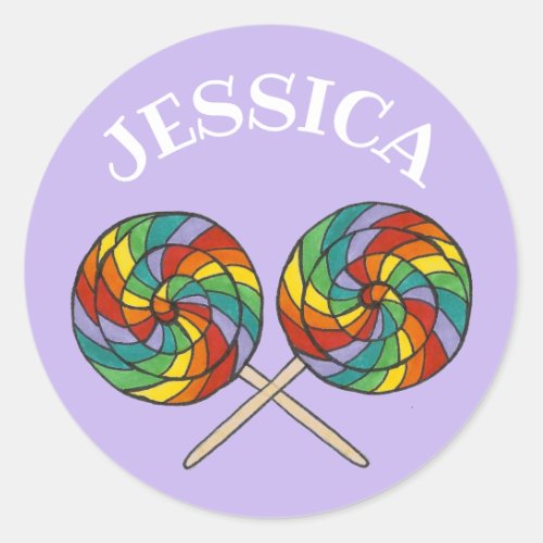 Personalized Rainbow Lollipop Lolly Candy Purple Classic Round Sticker