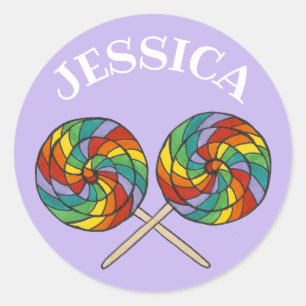 Personalized Rainbow Lollipop Lolly Candy Purple Classic Round Sticker