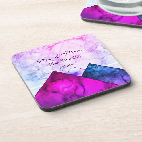 Personalized Rainbow Marble Mountains Color Block Beverage Coaster