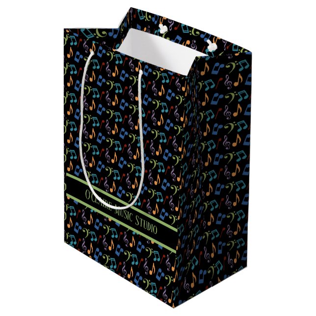 Personalized Rainbow Music Notes (Black) Medium Gift Bag (Back Angled)