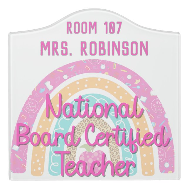 Personalized Rainbow National Board Certified NBCT Door Sign (Large Crest Front)