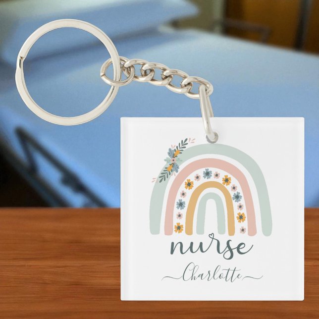 Personalized Rainbow Nurse Name Gift For Nurse Keychain (Creator Uploaded)