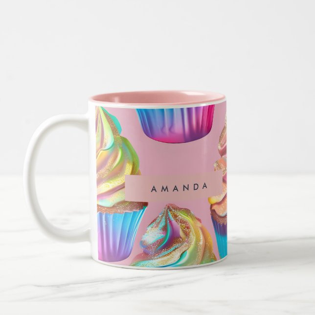 Personalized Rainbow Pastel Cupcake with Glitter Two-Tone Coffee Mug (Left)