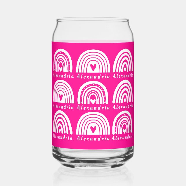 Personalized Rainbow Pattern Hot Pink Coffee Can Glass (Front)