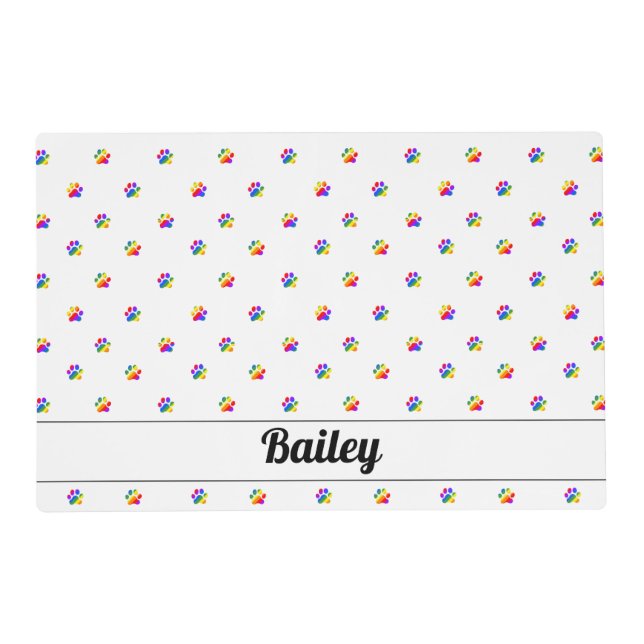 Personalized Rainbow Paw Prints Dog Feeding Mat (Front)