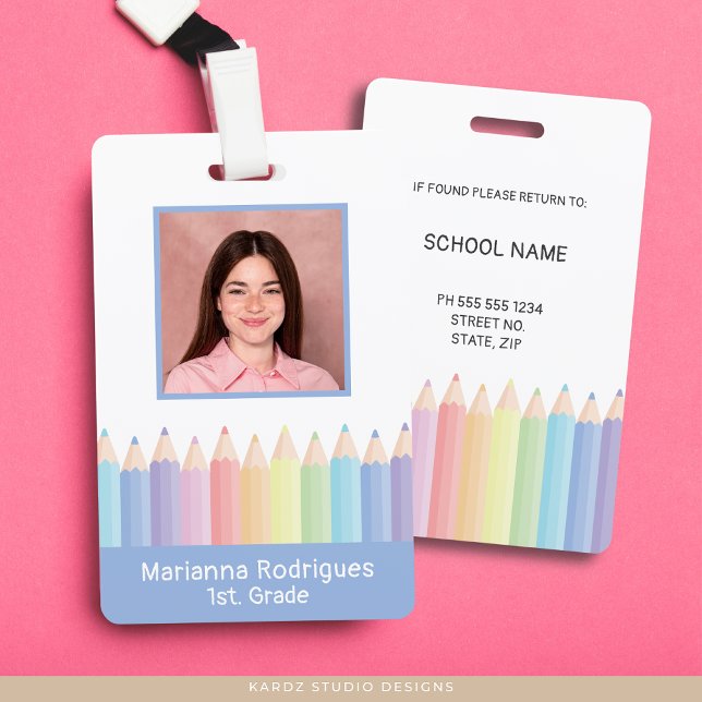 Personalized Rainbow Pencils Teacher ID Badge (Front and back of employee badge shown. Customize with your photo and school information.)