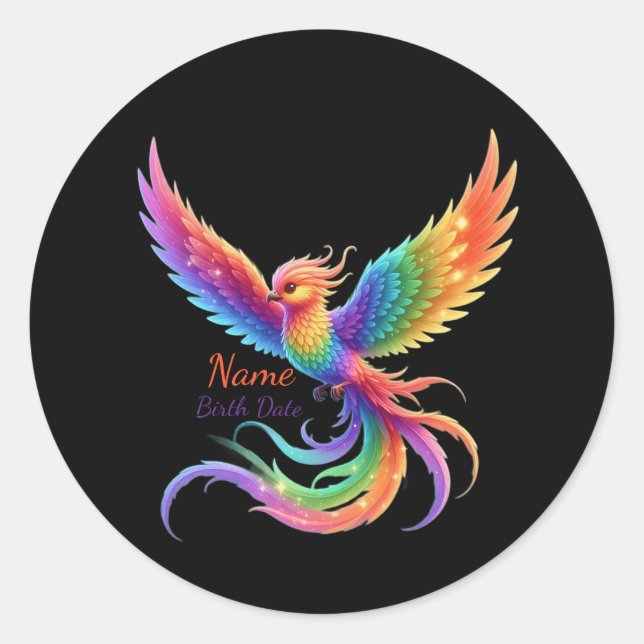 Personalized Rainbow Phoenix Name Birthdate Gift Classic Round Sticker (Front)