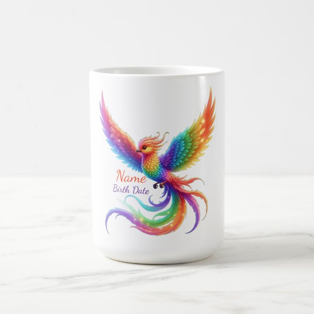 Personalized Rainbow Phoenix Name Birthdate Gift Coffee Mug (Center)