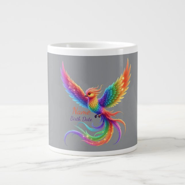 Personalized Rainbow Phoenix Name Birthdate Gift Giant Coffee Mug (Front)