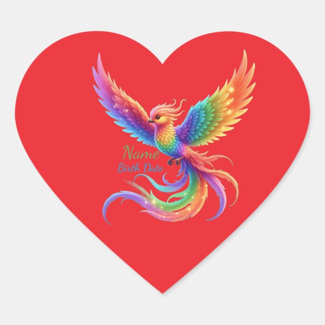 Personalized Rainbow Phoenix Name Birthdate Gift Heart Sticker (Front)