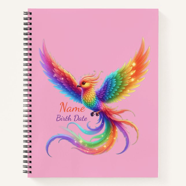 Personalized Rainbow Phoenix Name Birthdate Gift Notebook (Front)