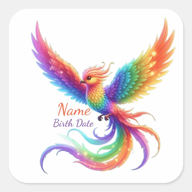 Personalized Rainbow Phoenix Name Birthdate Gift Square Sticker (Front)