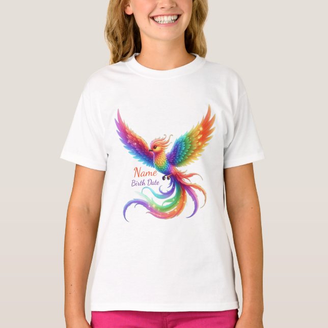 Personalized Rainbow Phoenix Name Birthdate Gift T-Shirt (Front)
