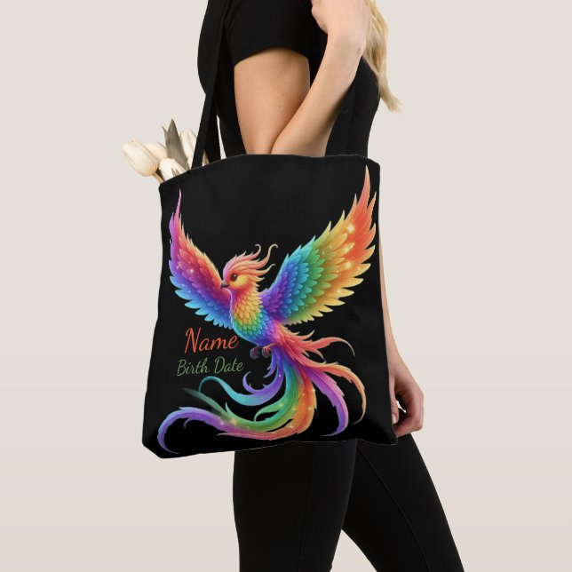 Personalized Rainbow Phoenix Name Birthdate Gift Tote Bag (Close Up)
