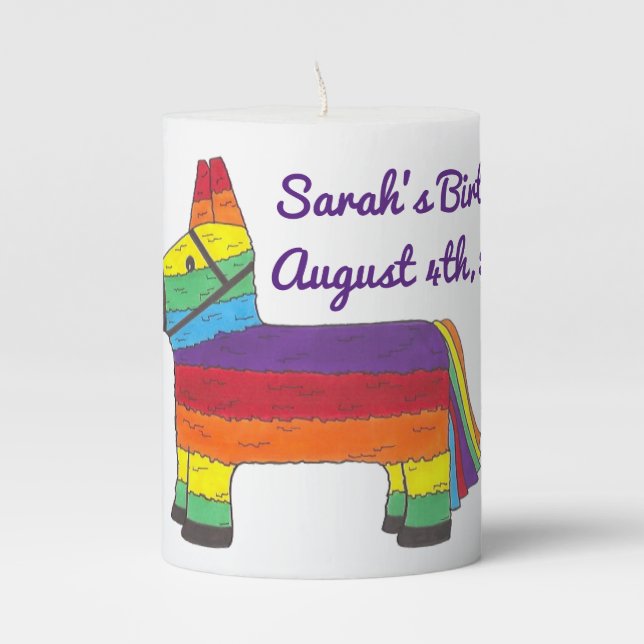 Personalized Rainbow Piñata Birthday Party Favor Pillar Candle (Front)