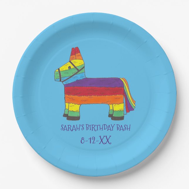 Personalized Rainbow Piñata Donkey Birthday Party Paper Plates (Front)