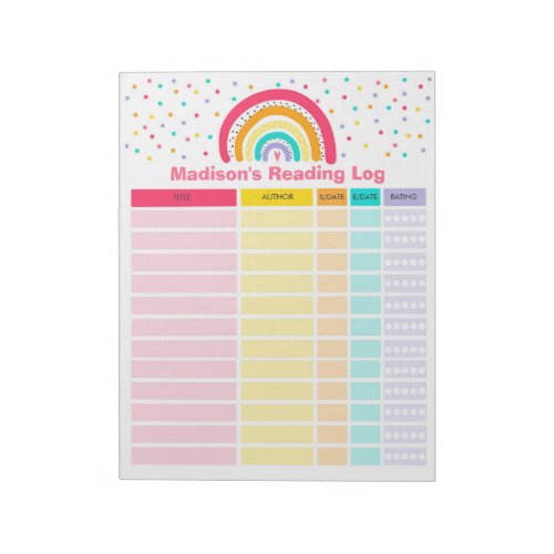 Personalized Rainbow Reading Log Homeschool Log Notepad
