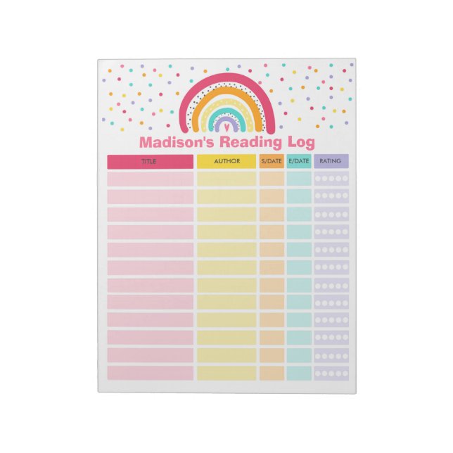 Personalized Rainbow Reading Log Homeschool Log Notepad (Rotated)
