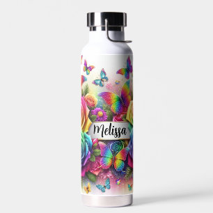 Personalized Rainbow roses and Butterflies Water Bottle