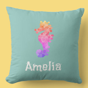 Personalized Rainbow Seahorse Throw Pillow