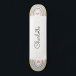 Personalized Rainbow Skateboard<br><div class="desc">A whimsical personalized boho style girly pink blue mustard boho style rainbow on each end of the skateboard,  with a little pink heart in the middle.</div>